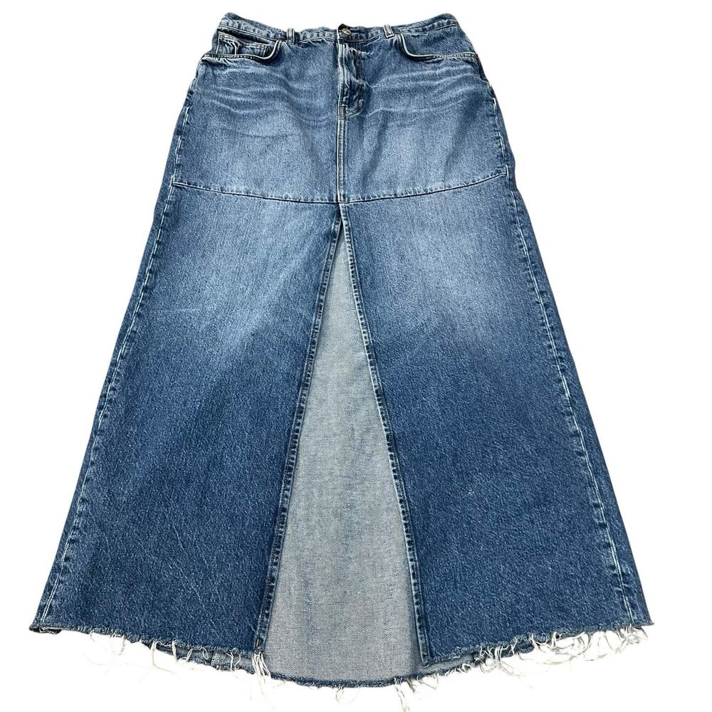 Reformation Jeans Tazz Maxi Denim Skirt Size 30 Front Slit Frayed Boho Classic